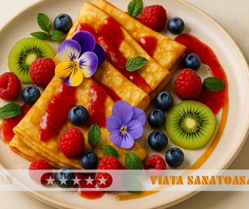 Clătite pufoase, aromate și decorate cu fructe de sezon